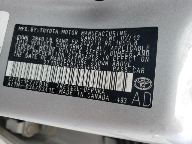 Photo 10 from auction – 2012 TOYOTA COROLLA BA with VIN 2T1BU4EE8CC814903
