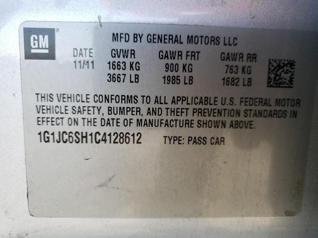 Photo 10 from auction – 2012 CHEVROLET SONIC LT with VIN 1G1JC6SH1C4128612