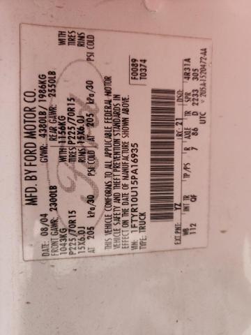 Photo 10 from auction – 2005 FORD RANGER with VIN 1FTYR10U15PA16935