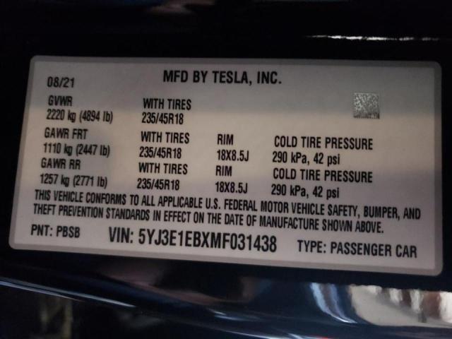 Photo 10 from auction – 2021 TESLA MODEL 3 with VIN 5YJ3E1EBXMF031438