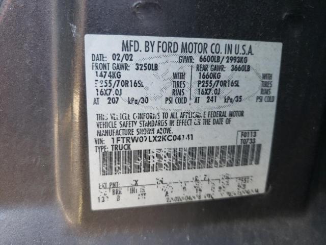 Photo 10 from auction – 2002 FORD F150 SUPER with VIN 1FTRW07LX2KC04141