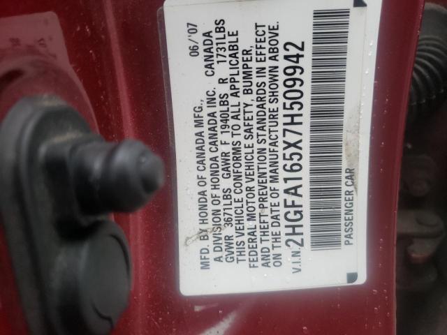 Photo 10 from auction – 2007 HONDA CIVIC LX with VIN 2HGFA165X7H509942