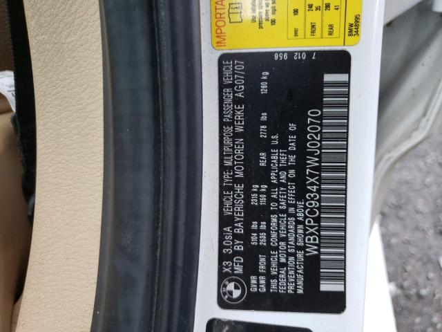 Photo 10 from auction – 2007 BMW X3 3.0SI with VIN WBXPC934X7WJ02070