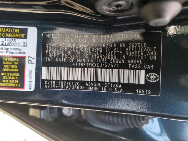 Photo 10 from auction – 2012 TOYOTA CAMRY BASE with VIN 4T1BF1FKXCU137574