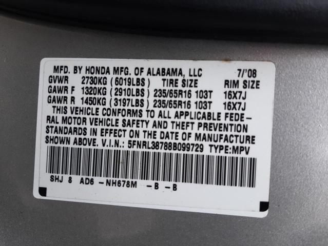 Photo 10 from auction – 2008 HONDA ODYSSEY EX with VIN 5FNRL38788B099729