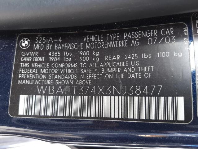 Photo 10 from auction – 2003 BMW 325 I with VIN WBAET374X3NJ38477
