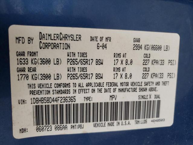 Photo 10 from auction – 2004 DODGE DURANGO LI with VIN 1D8HB58D44F236365