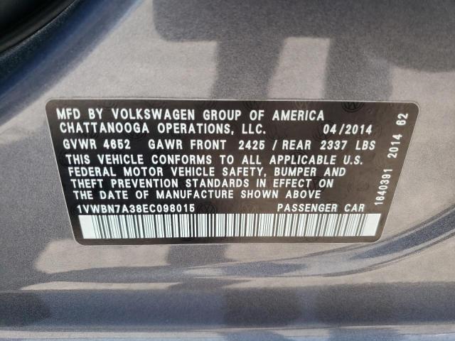 Photo 10 from auction – 2014 VOLKSWAGEN PASSAT SE with VIN 1VWBN7A38EC098015