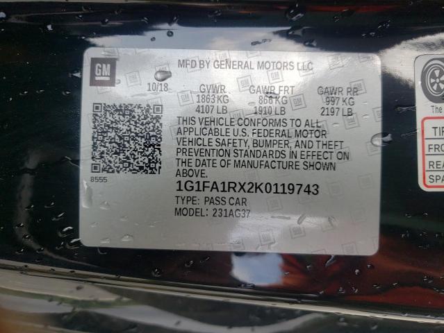 Photo 10 from auction – 2019 CHEVROLET CAMARO LS with VIN 1G1FA1RX2K0119743
