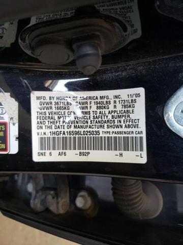 Photo 10 from auction – 2006 HONDA CIVIC LX with VIN 1HGFA16596L025035