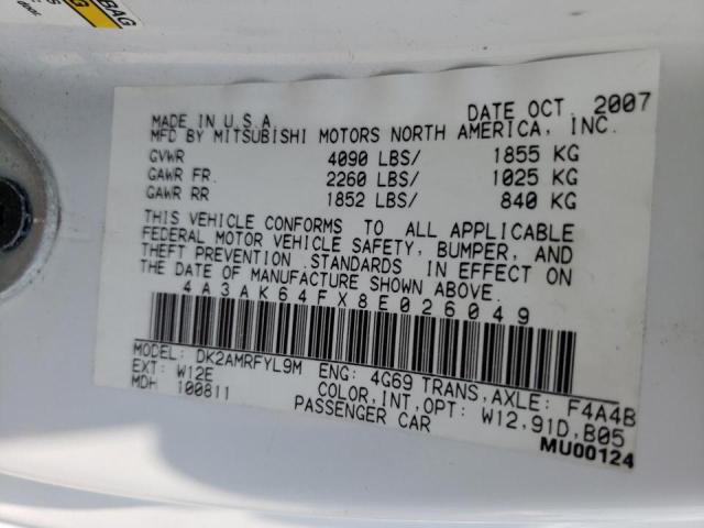 Photo 10 from auction – 2008 MITSUBISHI ECLIPSE SE with VIN 4A3AK64FX8E026049