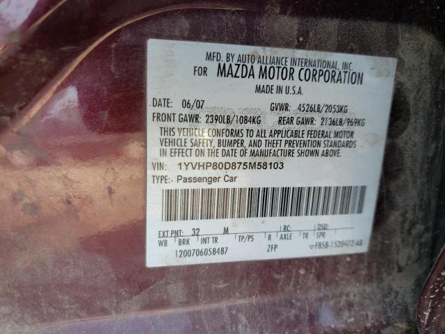 Photo 10 from auction – 2007 MAZDA 6 S with VIN 1YVHP80D875M58103