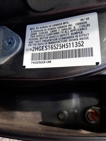 Photo 10 from auction – 2005 HONDA CIVIC LX with VIN 2HGES16525H511352