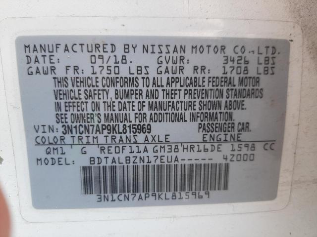 Photo 10 from auction – 2019 NISSAN VERSA S with VIN 3N1CN7AP9KL815969