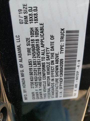 Photo 10 from auction – 2019 HONDA RIDGELINE with VIN 5FPYK3F13KB042009
