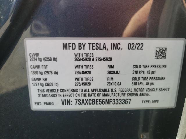 Photo 10 from auction – 2022 TESLA MODEL X with VIN 7SAXCBE56NF333367