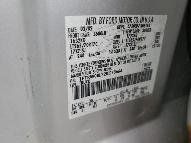 Photo 10 from auction – 2002 FORD F150 SUPER with VIN 1FTRW08L72KC78664