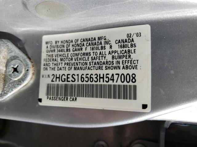 Photo 10 from auction – 2003 HONDA CIVIC LX with VIN 2HGES16563H547008