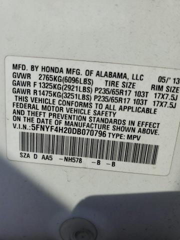 Photo 10 from auction – 2013 HONDA PILOT LX with VIN 5FNYF4H20DB070796