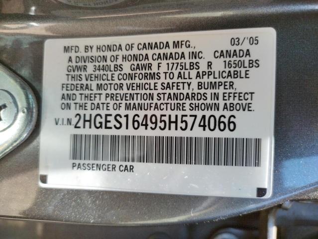 Photo 10 from auction – 2005 HONDA CIVIC DX with VIN 2HGES16495H574066