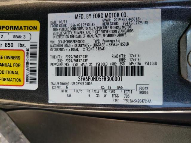 Photo 10 from auction – 2015 FORD FUSION SE with VIN 3FA6P0HD5FR300001