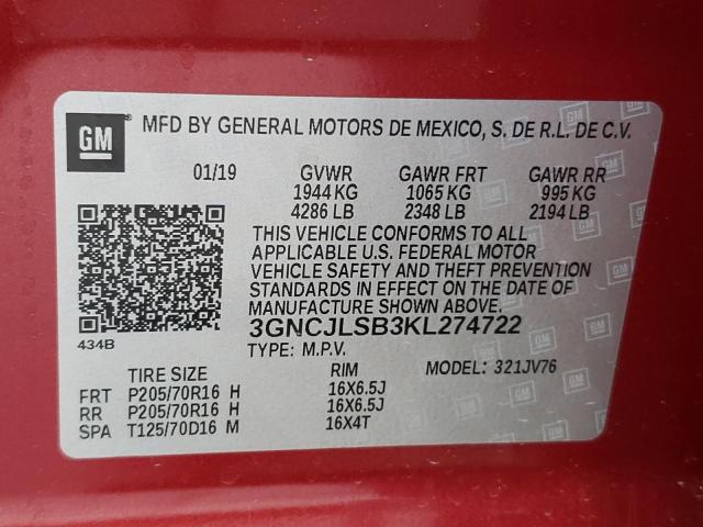 Photo 10 from auction – 2019 CHEVROLET TRAX 1LT with VIN 3GNCJLSB3KL274722