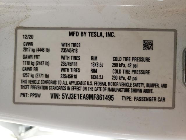 Photo 10 from auction – 2021 TESLA MODEL 3 with VIN 5YJ3E1EA9MF861495