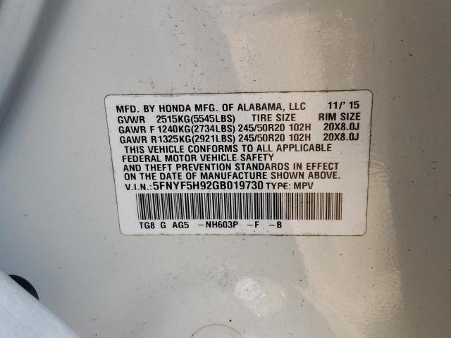 Photo 10 from auction – 2016 HONDA PILOT TOUR with VIN 5FNYF5H92GB019730