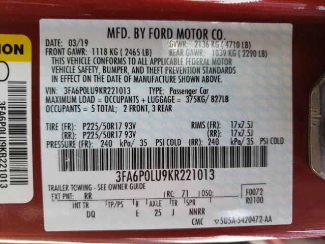 Photo 10 from auction – 2019 FORD FUSION SE with VIN 3FA6P0LU9KR221013