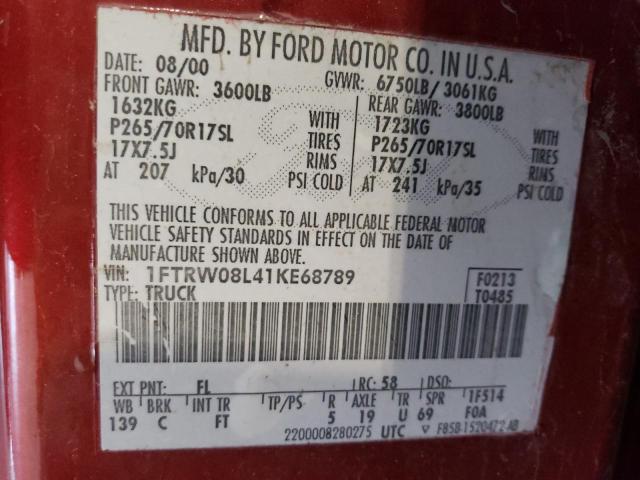 Photo 10 from auction – 2001 FORD F150 SUPER with VIN 1FTRW08L41KE68789