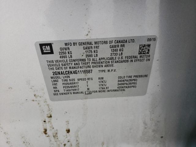 Photo 10 from auction – 2016 CHEVROLET EQUINOX LT with VIN 2GNALCEK4G1116587