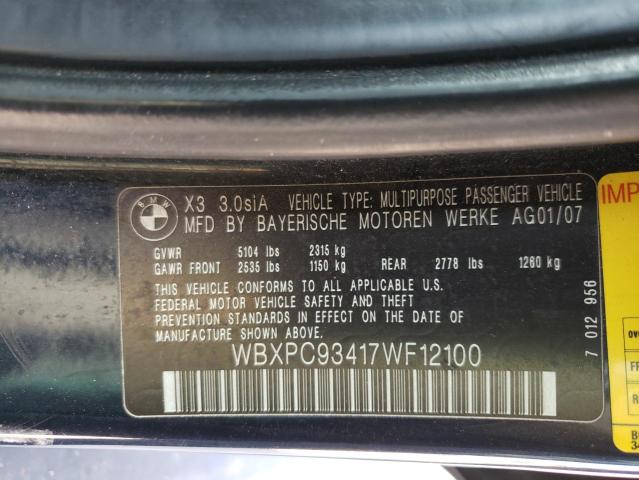 Photo 10 from auction – 2007 BMW X3 3.0SI with VIN WBXPC93417WF12100