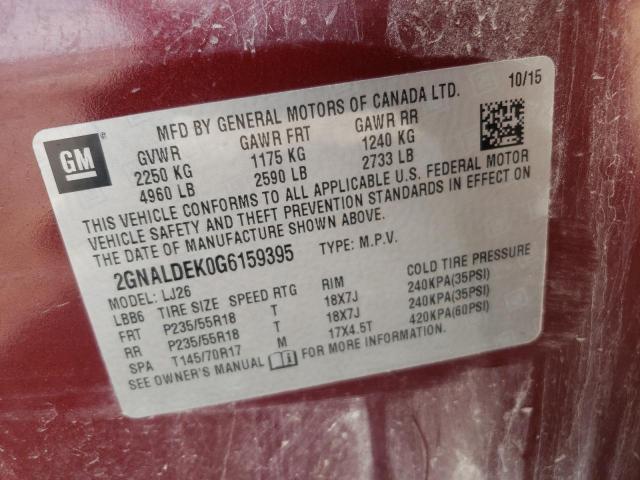 Photo 10 from auction – 2016 CHEVROLET EQUINOX LT with VIN 2GNALDEK0G6159395