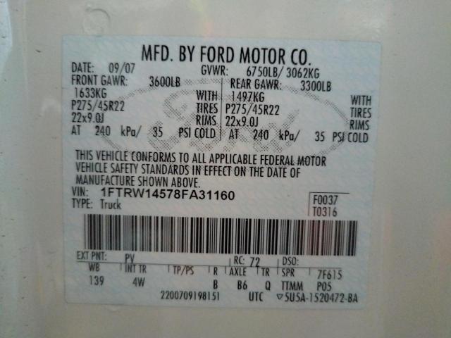 Photo 10 from auction – 2008 FORD F150 SUPER with VIN 1FTRW14578FA31160