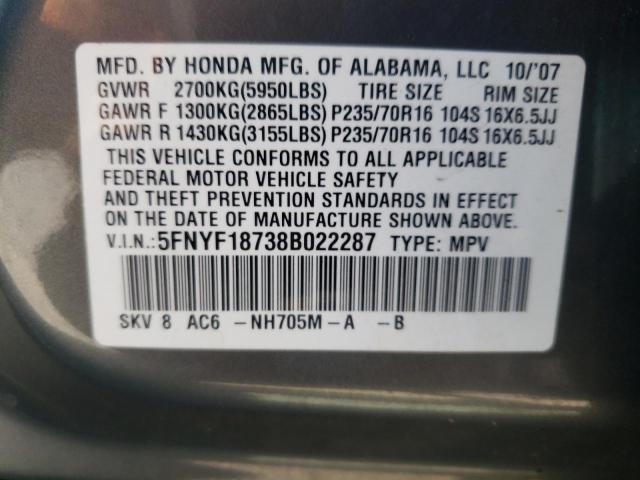 Photo 10 from auction – 2008 HONDA PILOT EXL with VIN 5FNYF18738B022287