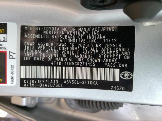 Photo 10 from auction – 2012 TOYOTA CAMRY BASE with VIN 4T4BF1FK5CR271155