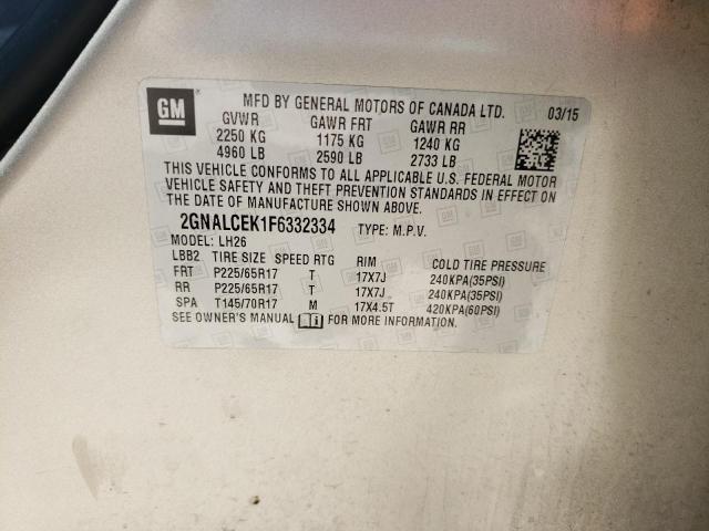 Photo 10 from auction – 2015 CHEVROLET EQUINOX LT with VIN 2GNALCEK1F6332334