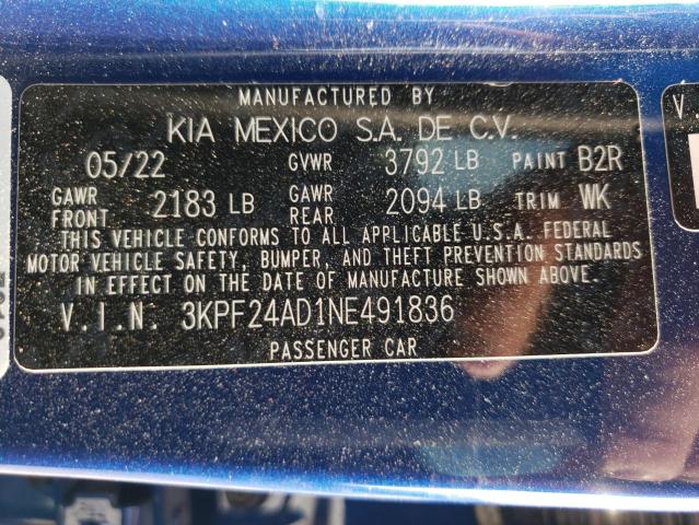 Photo 10 from auction – 2022 KIA FORTE FE with VIN 3KPF24AD1NE491836