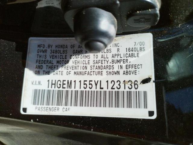 Photo 10 from auction – 2000 HONDA CIVIC SI with VIN 1HGEM1155YL123136
