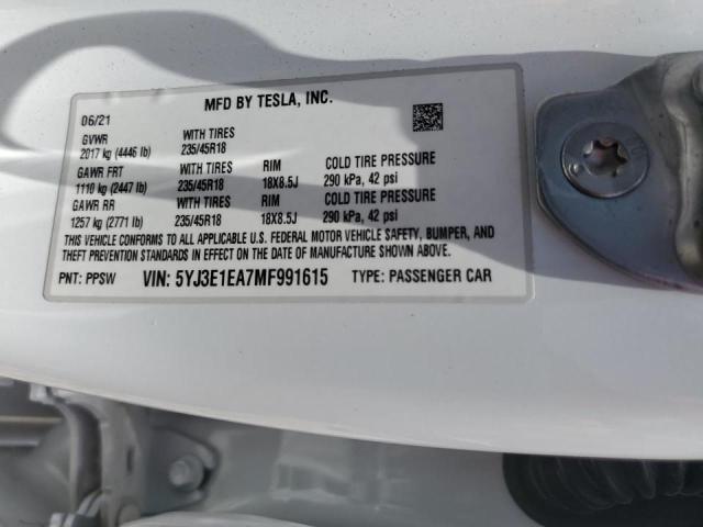 Photo 10 from auction – 2021 TESLA MODEL 3 with VIN 5YJ3E1EA7MF991615