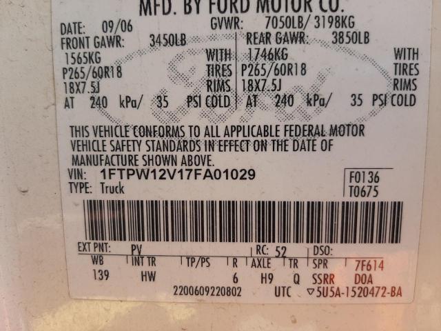 Photo 10 from auction – 2007 FORD F150 SUPER with VIN 1FTPW12V17FA01029