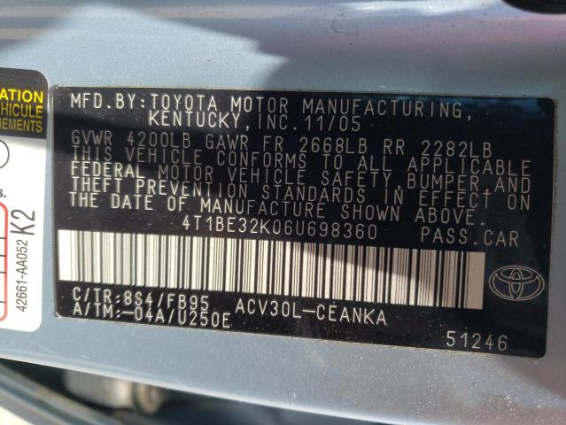 Photo 10 from auction – 2006 TOYOTA CAMRY LE with VIN 4T1BE32K06U698360