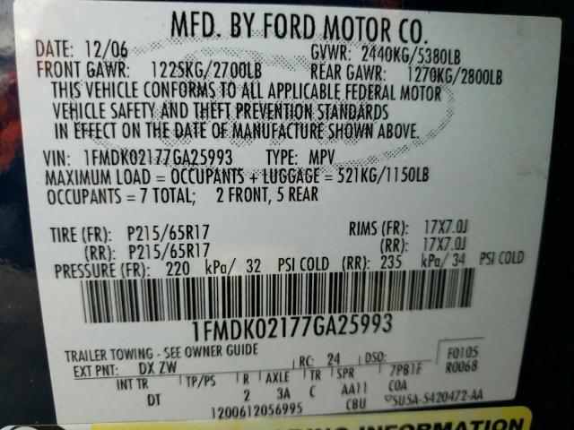 Photo 10 from auction – 2007 FORD FREESTYLE with VIN 1FMDK02177GA25993