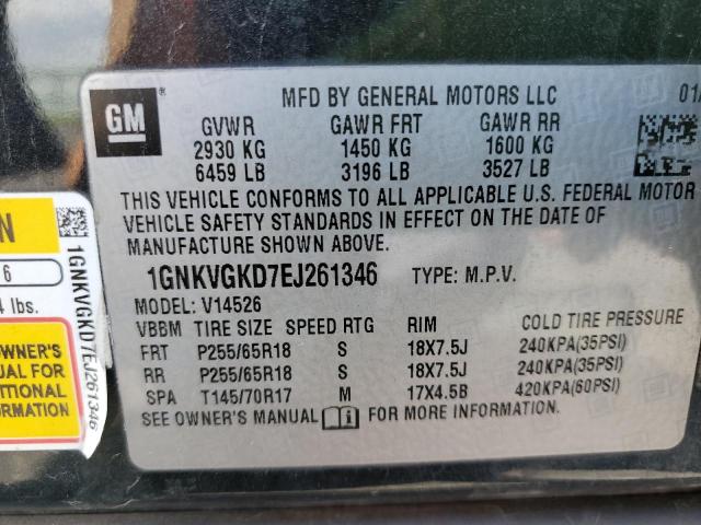Photo 10 from auction – 2014 CHEVROLET TRAVERSE L with VIN 1GNKVGKD7EJ261346