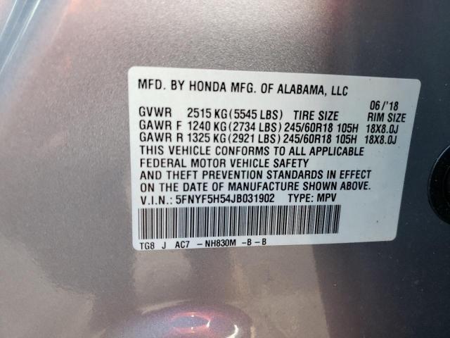Photo 10 from auction – 2018 HONDA PILOT EXL with VIN 5FNYF5H54JB031902