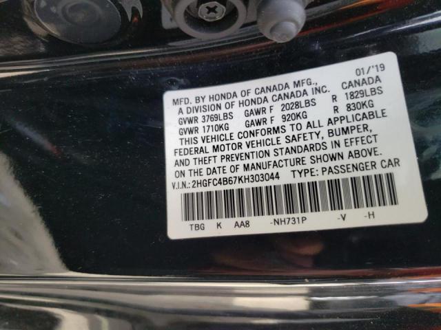 Photo 10 from auction – 2019 HONDA CIVIC LX with VIN 2HGFC4B67KH303044