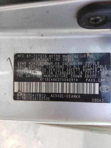 Photo 10 from auction – 2007 TOYOTA CAMRY CE with VIN 4T1BE46K27U040914