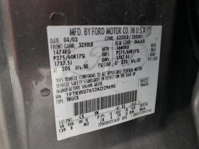 Photo 10 from auction – 2003 FORD F150 SUPER with VIN 1FTRW07653KD29690