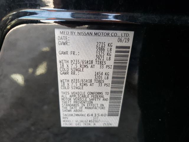 Photo 10 from auction – 2019 NISSAN PATHFINDER with VIN 5N1DR2MN4KC643540
