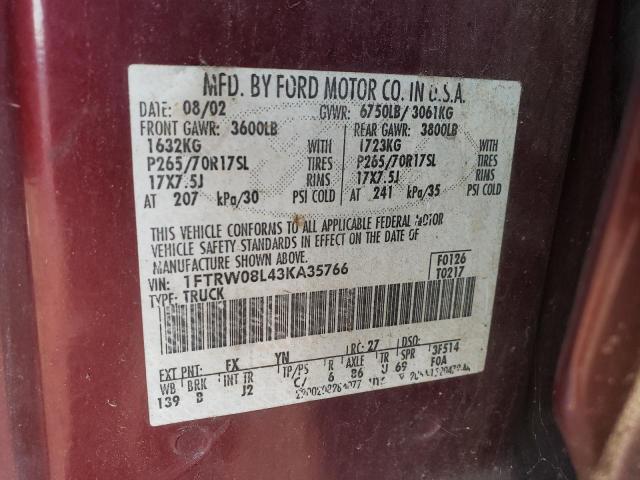 Photo 10 from auction – 2003 FORD F150 SUPER with VIN 1FTRW08L43KA35766